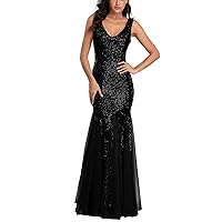 A ARFAR Women Sequin Dress Tulle Party Dress for Women Sexy V-Neck Dress Formal Long Dresses Evening Prom Gowns