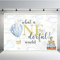 MEHOFOND 7x5ft Adventure Happy Birthday Backdrop What a Onderful World Clouds Map Photography Backdground for Boys Happy 1st Birthday Party Banner Decorations Photo Booth Props