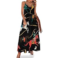 Horse Racing Women's Maxi Dress Sleeveless Spaghetti Strap Swing Dresses Casual Beach Sun Dresses