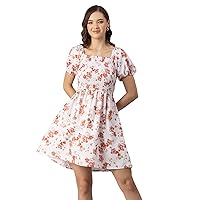 Women’s Printed Dress, Square Neck Short Puffed Sleeves Knee Length Short Dress