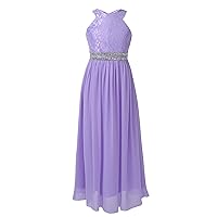 CHICTRY Girls Lace Halter Long Maxi Junior Bridesmaid Wedding Party Dress Princess Pageant Prom Ball Gown Lavender 10 Years
