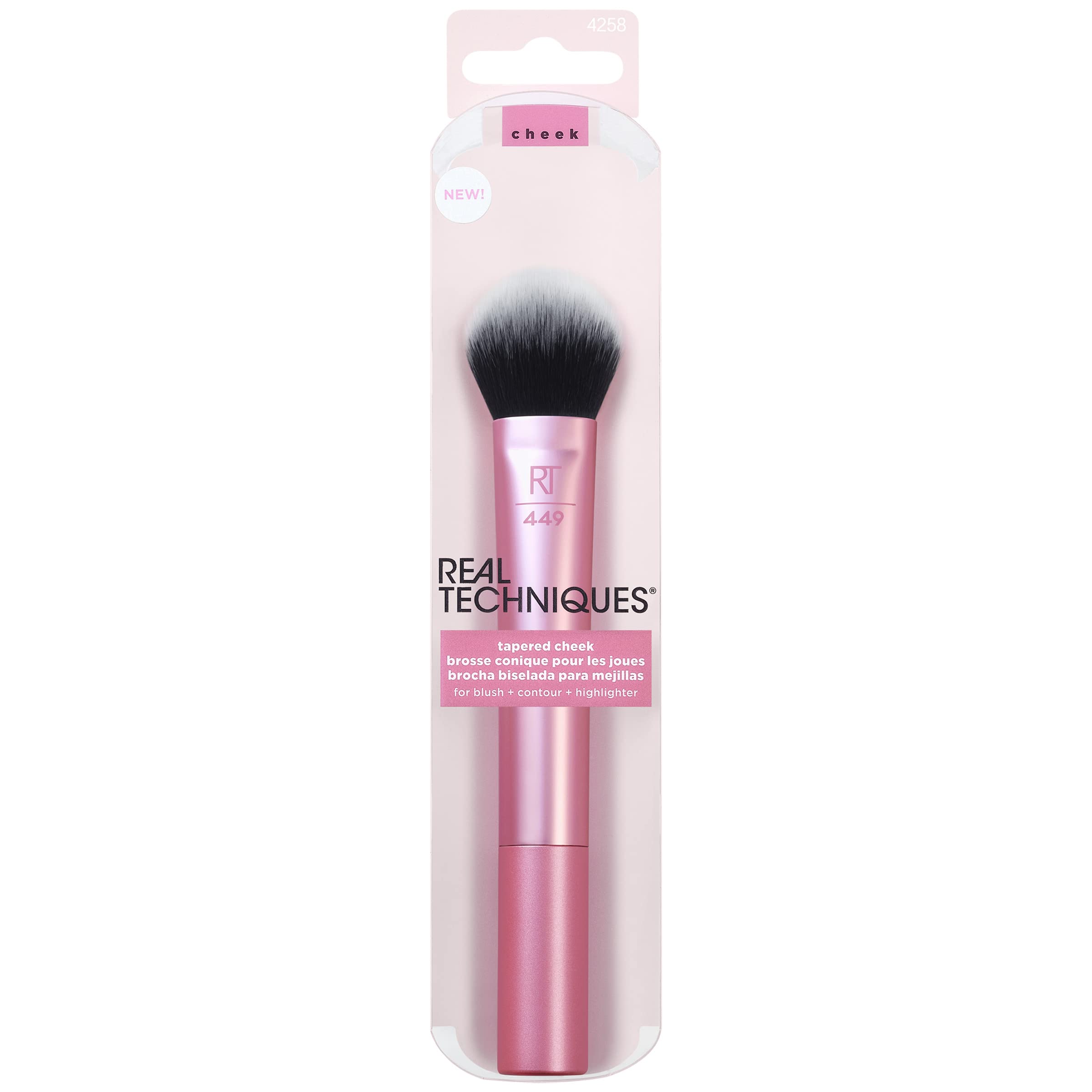 Real Techniques Tapered Cheek Makeup Brush, For Blush, Highlighter, Loose, Or Pressed Powder, Soft, Synthetic Bristles, Precise Makeup Application, Aluminum Handle, Cruelty Free, 1 Count