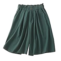 Women Summer Cotton Linen Shorts Elastic High Waist Bermuda Shorts Casual Pleated Button Wide Legs Shorts with Pockets