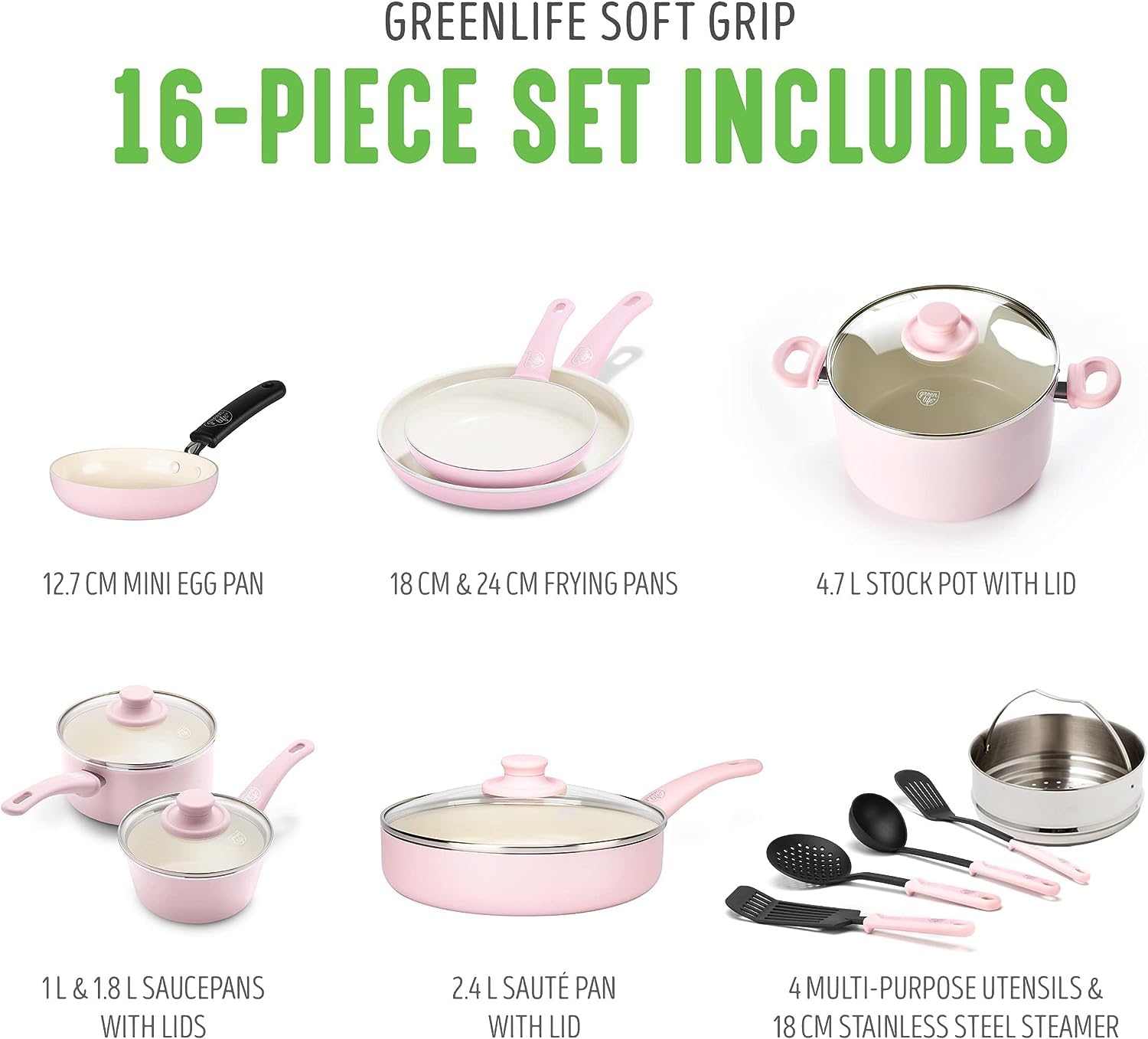 GreenLife Soft Grip Healthy Ceramic Nonstick 16 Piece Kitchen Cookware Pots and Frying Sauce Pans Set, PFAS-Free, Dishwasher Safe, Soft Pink