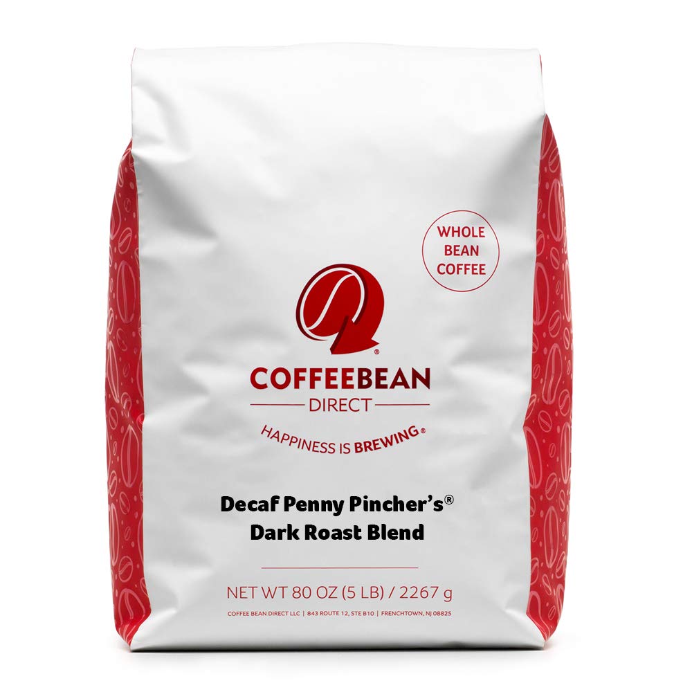 Coffee Bean Direct Decaf Penny Pincher’s Dark Roast Blend, Whole Bean Coffee, 5-Pound Bag
