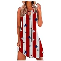4th of July Skirt Tank Dress Star Striped O-Neck Floral Party Dress Sleeveless Flounce Beach Sundresses