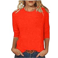 Womens Tops 3/4 Sleeve Shirts Round Neck Loose Fit Casual Blouses Elegant Summer Tshirts Three Guarter Length Tunics