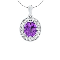 4.10 CT Oval Cut Amethyst & Cubic Zirconia Halo Pendant Necklace 14k White Gold Over