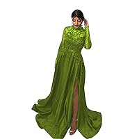 Women's Elegant High Neck Satin Evening Dresses Long Sleeve Lace Formal Gowns and Prom Dresses