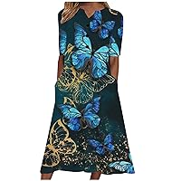 Summer Butterfly Print Button V Neck Short Sleeve T-Shirt Dress for Womens Casual Fashion Dressy Pockets Mid Dresses
