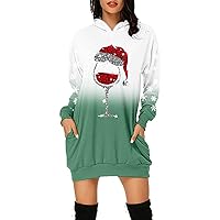 SNKSDGM Women Christmas Hoodie Mini Dress Santa Reindeer Print Long Sleeve Hooded Pockets Sweatshirt Pullover Xmas Dresses
