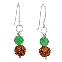Silvesto India Wire Wrapped 6 mm Green Onyx, 92.5 Sterling Silver Dangle Earring, Jaipur Rajasthan India Fish Hook,Rudraksha Jewelry Handmade Jewelry Manufacturer