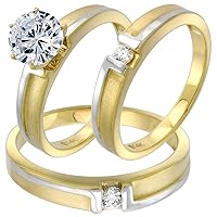 14k Yellow Gold Cubic Zirconia Channel Center Trio Wedding Ring Set for Women and Men Rhodium Accent sizes 5-13