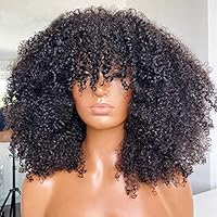 Afro Kinky Curly Wig With Bangs Full Machine Made Scalp Top Wig 200 Density Virgin Brazilian Short Curly Human Hair Wigs Natural Color 18 inch