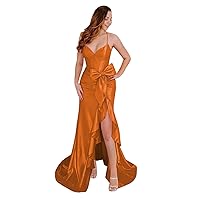 Mermaid Satin Prom Dresses Spaghetti Straps V Neck Formal Dresses Slit Party Dresses