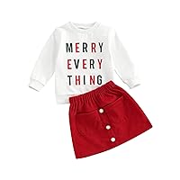 MA&BABY Toddler Girls Christmas 2Pcs Outfit Sets Long Sleeve Letter Print Pullover + Solid Color Button A-line Skirt