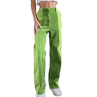 Women's Corduroy Patchwork Pants, High-Waist Gradient Trousers Straight Wide Leg Zipper Pocket Casual Bottoms