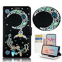STENES Bling Wallet Phone Case Compatible with iPhone SE (2020) - Stylish - 3D Handmade Butterfly Crescent Moon Design Leather Cover with Screen Protector & Neck Strap Lanyard - Green