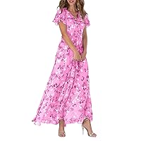 Women's Summer Dresses 2024 Swing Long Dress Chiffon Floral Short Sleeve Ruffle V Neck Fashion Waist Dress, S-2XL