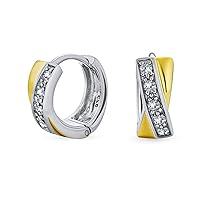 Two Tone Greek Key Cutout Huggie Hoop Earrings For Women For Men Cubic Zirconia CZ 14K Gold Plated .925 Sterling Silver