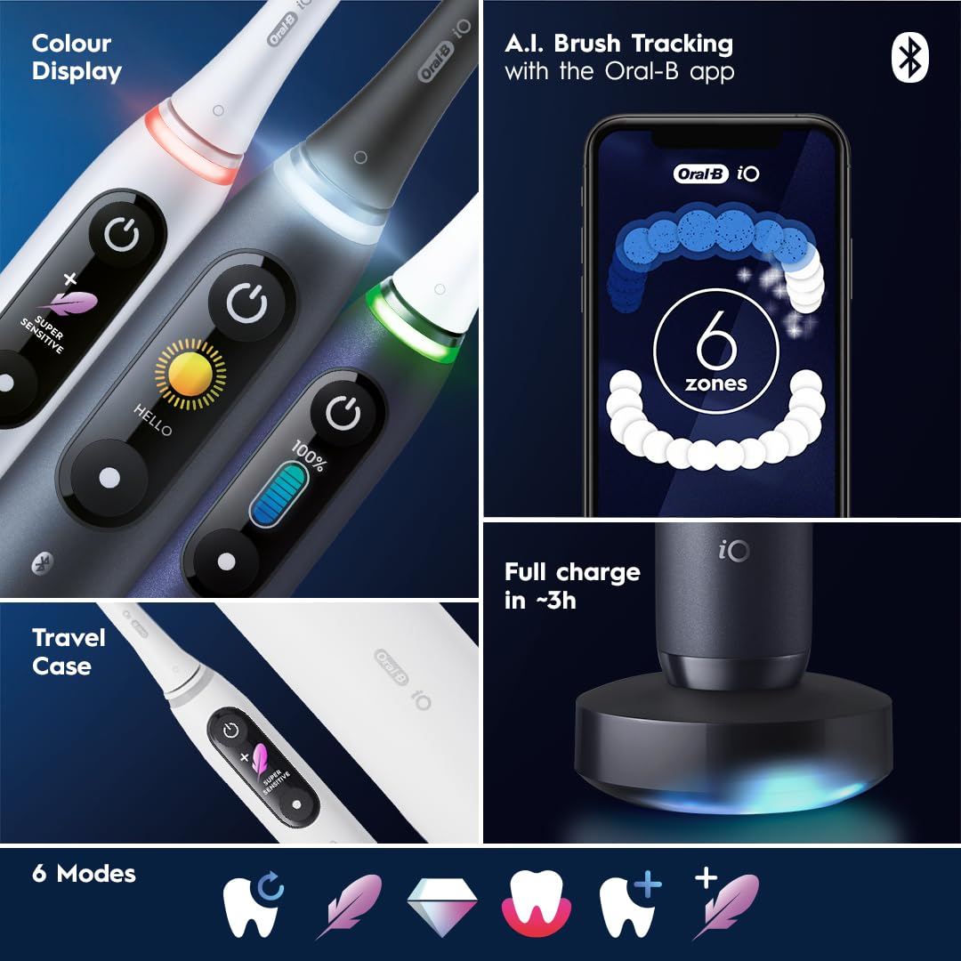Oral-B iO Series 8 Electric Toothbrush with 2 Replacement Brush Heads and Travel Case, Rechargeable Toothbrush, Black Onyx