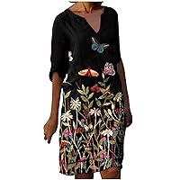 3/4 Sleeves Dresses for Women, Women's Floral Printed T Shirt Dress Fall V Neck Linen Dress Knee-Length Beach Sundress