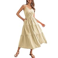 GRACE KARIN Women's Cotton Dresses Summer 2024 Spaghetti Strap V Neck Ruffle Tiered Flowy Dresses