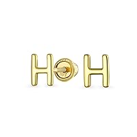 ABC Minimalist Real Yellow 14K Gold Capital Block Alphabet Letter Initial Stud Earrings Safety Ball Screw Back For Teen For Women