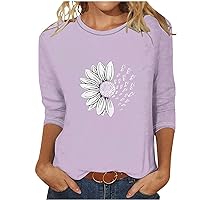 Daisy Shirts for Women Oversized 3/4 Sleeve Crewneck T Shirts Flower Graphic Tees Vintage Floral Print Blouse Tops
