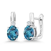 Gem Stone King 925 Sterling Silver London Blue Topaz and White Created Sapphire Earrings For Women (3.70 Cttw, Gemstone November Birthstone, Oval 9X7MM)