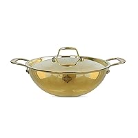 Indian Art Villa Brass with tin Lining & Gold Finish Kadhai/Wok With Lid & Handle On Both Side, Cookware & Serveware Volume-43 Oz