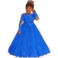 Lace Tulle Flower Girl Dress for Wedding Long Sleeve Princess Dresses Blue Pageant Party Gown with Bow Size 5