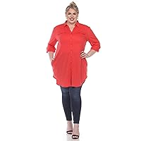 Women's Plus Size Stretchy Button-Down Tunic Top with Side Pockets and Roll Tab Sleeves