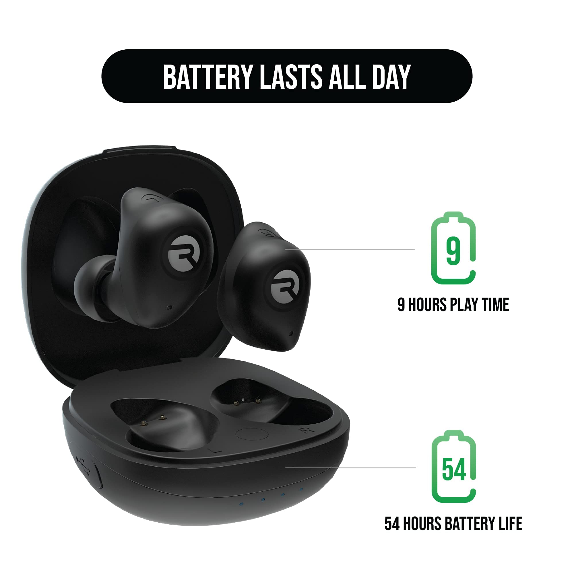 Raycon Fitness Earbuds True Wireless Bluetooth with Built in Mic 54 Hours of Battery IPX7 Waterproof and Charging Case with Talk, Text, and Play Bluetooth 5.2 Portable Sport (Carbon Black)