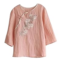Vintage Embroidered Linen Tops for Women Crew Neck 3/4 Sleeve Blouse Oblique Chinese Frog-Buttons Tunic Casual Shirts