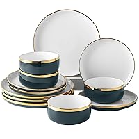 Reactive Glaze Dinnerware Sets, 12 Piece Luxury Bone China Dishware Sets, Green Dishes Set Gilt Rim Plates and Bowls Sets for 4
