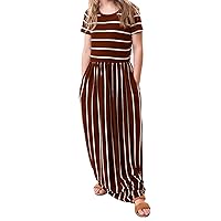 Girls Long Holiday Dress with Pockets Short Sleeve Stripe Dress Maxi Dress