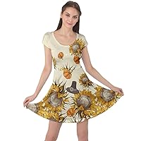 CowCow Womens Thanksgiving Knee Length Dress with Pockets Warm Shade Fall Autumn Leaves Floral Cap Sleeve Dress, XS-5XL