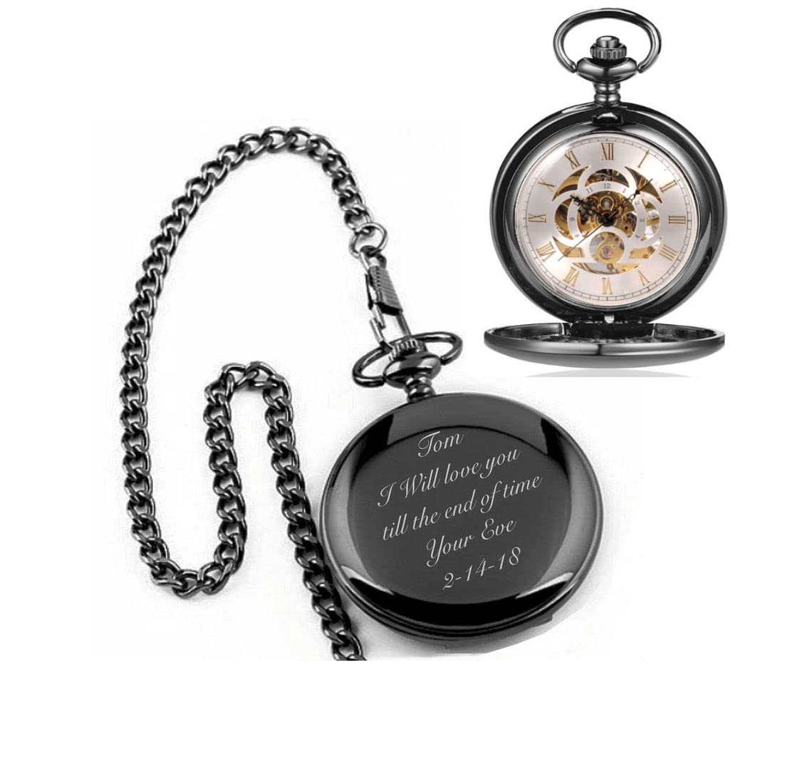 Personalized Antique Mechanical Movement Gunmetal Pocket Watch Custom Engraved Free with Gift Box - Ships from USA, PW51