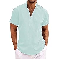 Mens Summer Cotton Henley Shirts Loose Fit Button Down Banded Collar Polos Shirts Athletic Lightweight Jogging Golf T-Shirts