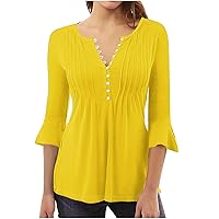 Womens Button Down Shirts Solid Color Tunic Summer Tops Dressy Casual Bell 3/4 Sleeve V Neck Spring Dressy Blouses