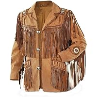 Men's Western Cowboy Native American Style Suede Leather Jacket - Brown Fringe And Beaded Coat