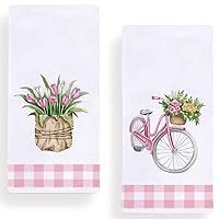 Watercolor Spring Flower Bicycle Kitchen Dish Towel 18 x 28 Inch Set of 2, Happy Mother's Day Tulips Tea Towels Dish Cloth for Cooking Baking
