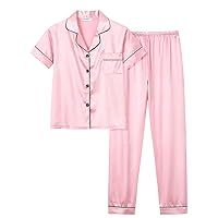 Satin Summer Pajamas for Big Girls Unisex Kids Silk Button Down Short Sleeve & Shorts PJS Size 8-16
