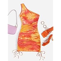 Dresses for Women One Shoulder Drawstring Knot Ruched Tie Dye Dress