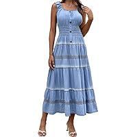DREFBUFY Women's Maxi Dress Sleeveless Denim Long Summer A-line Casual Blue Cotton Boho Flowy Sundresses for Women