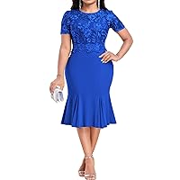 Lace Embroidery Bodycon Cocktail Party Midi Dress for Womens Plus Size Short Sleeve Mermaid Wedding Guest Dress