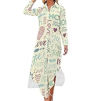 Faith Hope Love Floral Pattern Casual Maxi Shirt Dresses for Women Long Sleeve Button Down Blouses