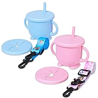 Mytium Snack Cups for Toddlers,2 in 1 Silicone Snack Cup+Straw with Adjustable Strap,2PCS No Spill Toddler Snack Containers Binaural Grip Baby Training Cup for Toddler and Baby 6 Month+(Blue+Pink)