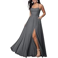 Women Chiffon Bridesmaid Dresses Long with Slit Pockets Formal Evening Gown Junior Prom Dress